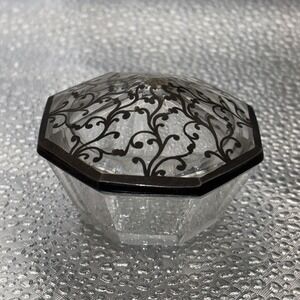 Antique‎ Faceted crystal glass box dresser vanity jar sterling silver Inlaid Lid